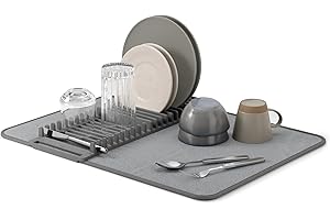 Umbra Udry Dish Rack and Microfiber Drying Mat – Space-Saving Design Folds Up for Easy Storage, Basic Rack, Dark Grey