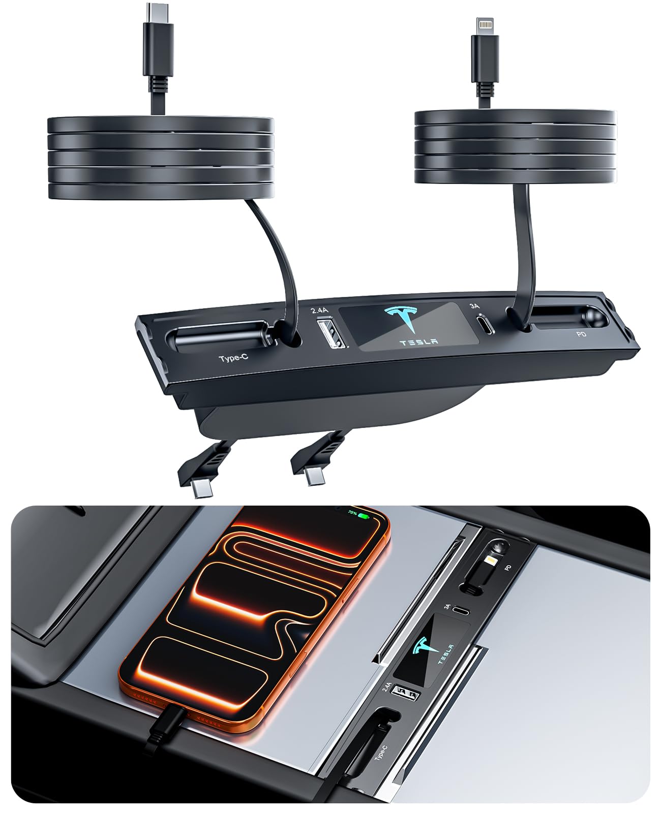 Photo 1 of USB Hub for Tesla Model 3 Model Y, Waterproof, Multi Port Fast Charging for Model Y/3 Accessories 2021-2024, Retractable Docking Station with Built-in Cables, Fit Center Console(Not Fit Model 3 2024)