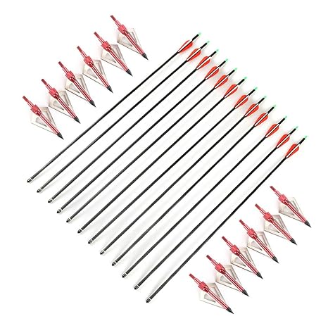 Carbonpfeile mit einem Set aus 12 skt Breitkopf Jagdspitzen und 12skt Feldspitzen zum Bogenschießen (100 Grain/6,48°g), geeig