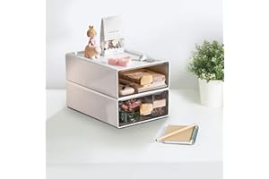 DETEIN 2 PACK Stackable Desk Organizer Stackable Storage Drawer Small Desk Organizer with Drawer Plastic Desktop Storage Organizer for Home, Office, Crafts, Pencils (White, M-1 Drawer, Pack of 2)