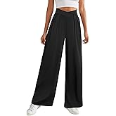 FireSwan Womens Wide Leg Work Pants Crossover Pleated Front Casual Slacks Flowy Palazzo Trousers with Pockets
