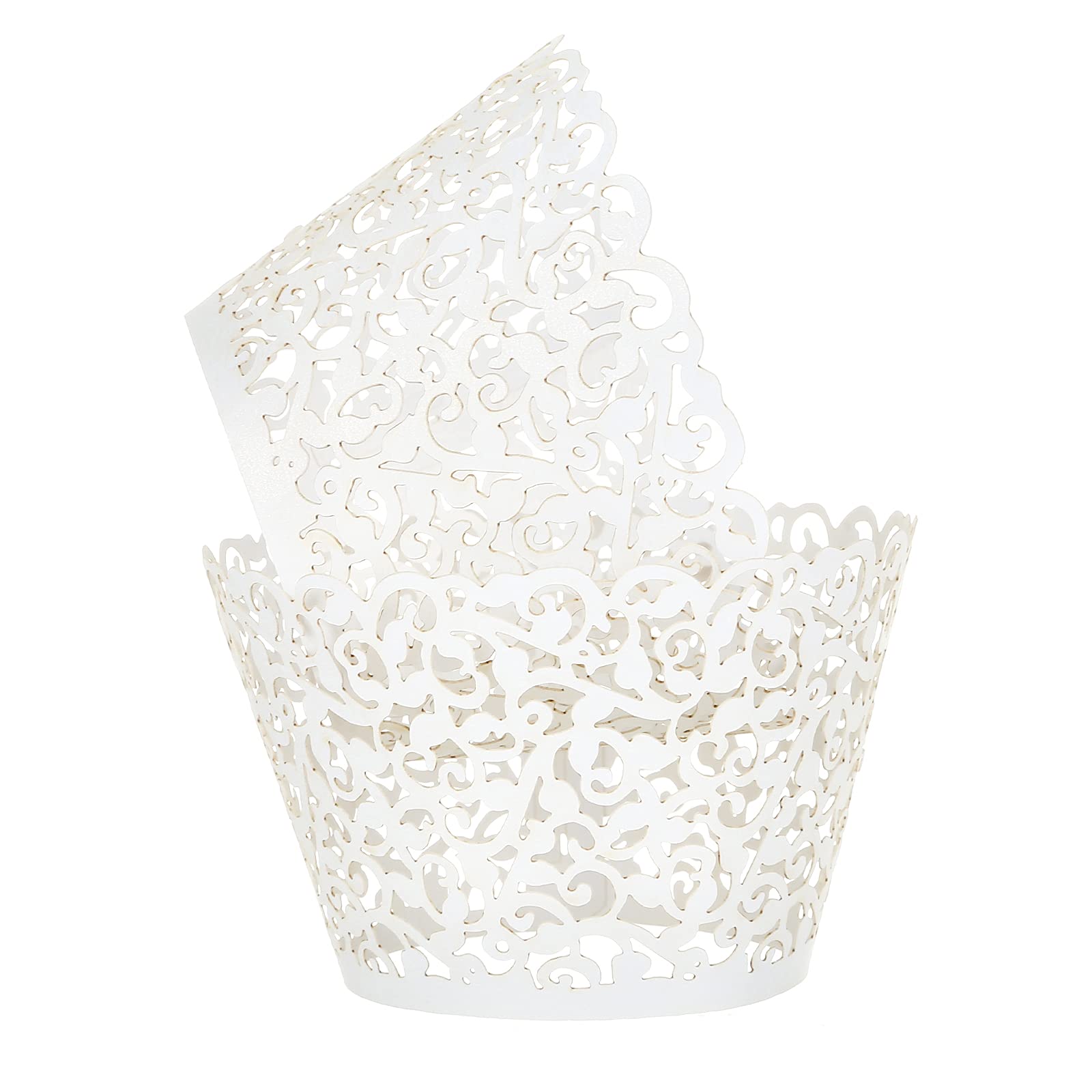 LIHAO 100PCS Cupcake Wrapper Pearl Lace Laser Cut Cupcake Mold Laser Cut Cake Liner - White
