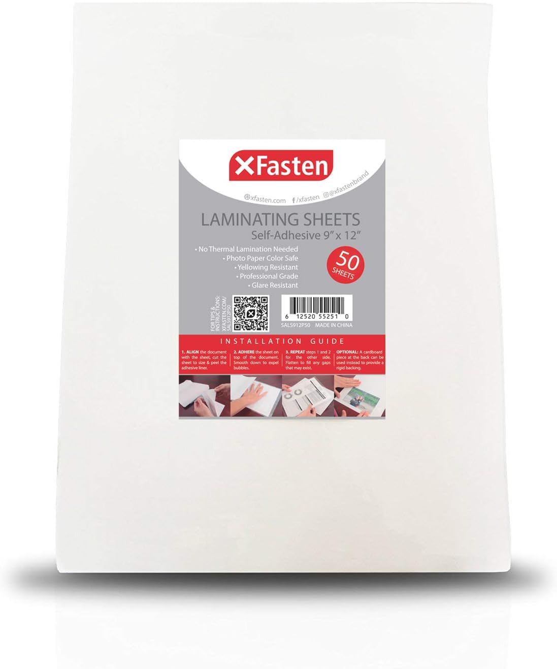 XFasten Self-Adhesive Laminating Sheets, 9 x 12 Inches (50-Pack), 4.76 Thickness
