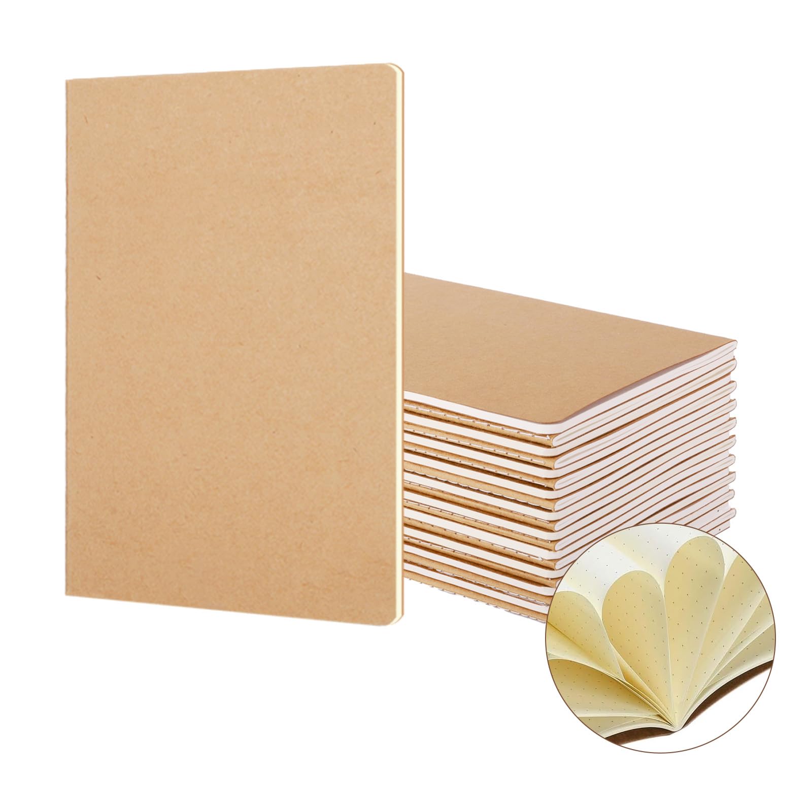 YBCPACK 20 Pack A5 Dot Notebooks, Kraft Brown Cover Journal Notebook Bulk，Memo Diary Subject Notebooks for Students, Travelers, Office-60 Dotted Pages/30 Sheets