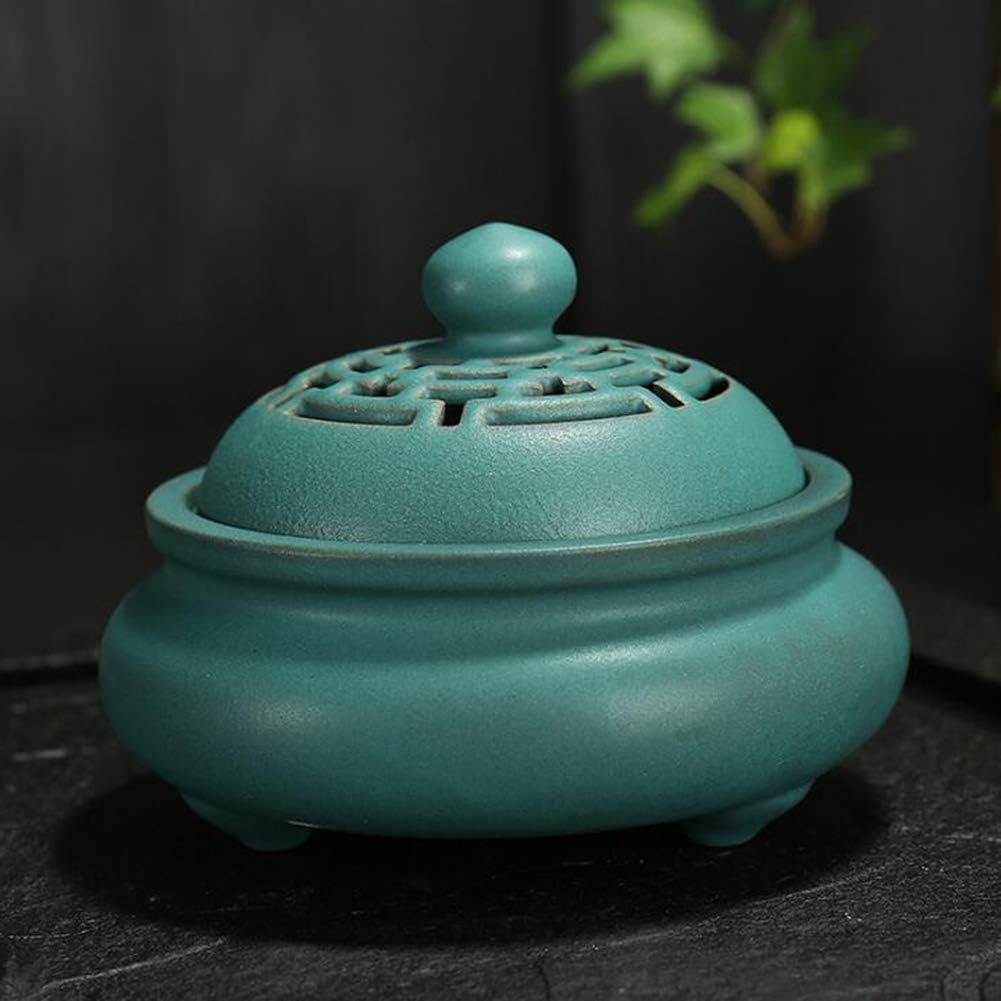 NAGU 100% Handmade Ceramic Incense Burner Holder,Round with Lid Three-Legged Openwork Incense Ash Tray,Retro Home Office Decorations