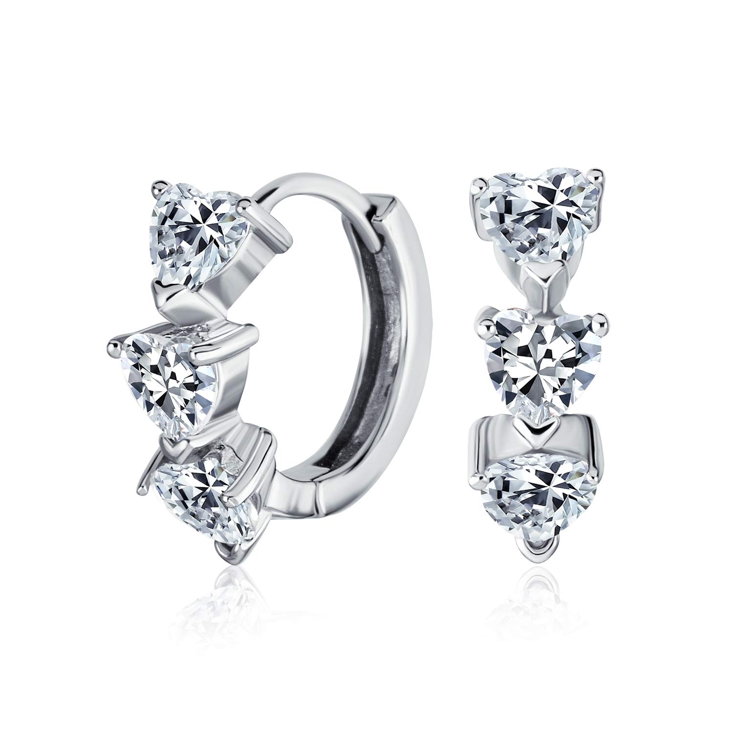 Romantic 3 CZ Pink Heart Shaped Cubic Zirconia Endless Huggie Small Hoop Earrings For Women Teens Girlfriend Hinged .925 Sterling Silver โ image 1