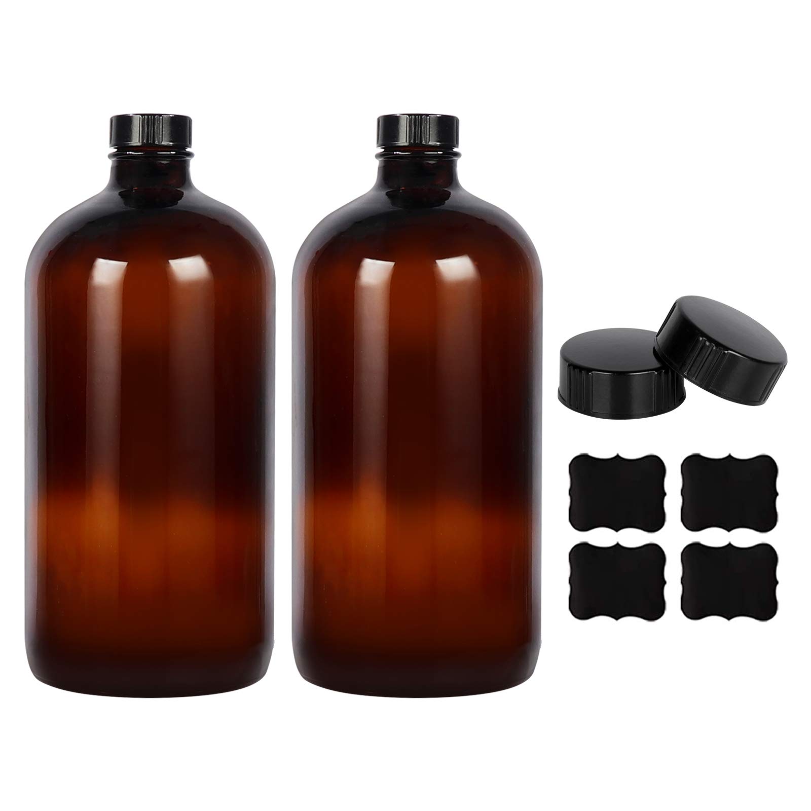 STARSIDE 2 Pack - 1 Liter 32 oz Amber Glass Boston Round Bottles with Air Tight Seal Phenolic Poly Cone Caps. Perfect Glass Containers for Secondary Fermentation,Storing Kombucha,Brewing and Juicing.
