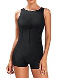 Tempt Me Women Black One Piece Boyleg Swimsuit Zip