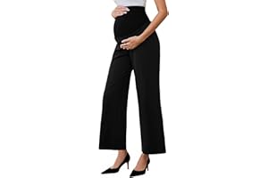 Ecavus Women's Maternity Pants Over Belly Seamless Stretchy Work Pants Maternity Wide Leg Pants with Pockets