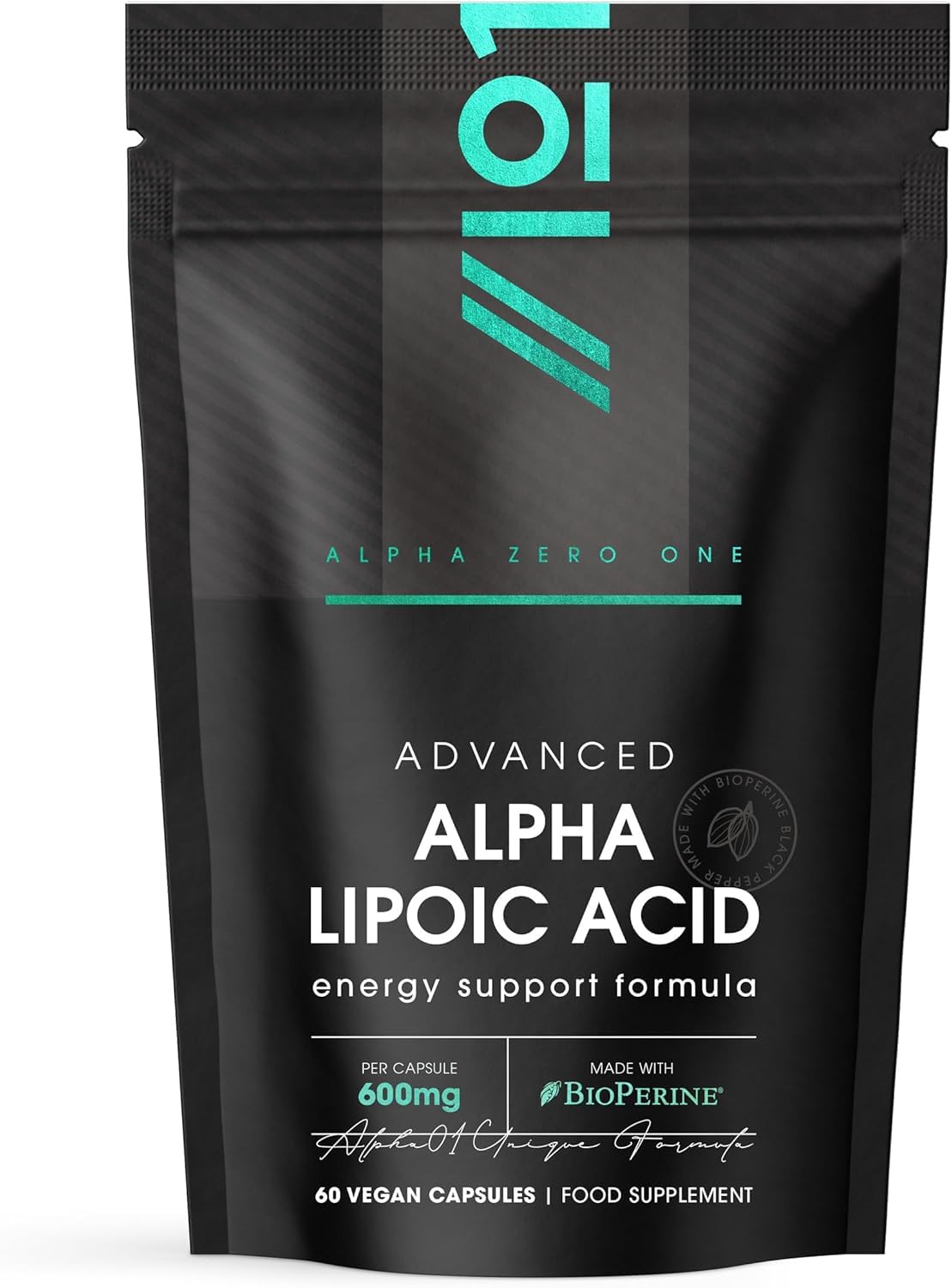Alpha Lipoic Acid (ALA) 600mg - Made with Biotin & BioPerine® - 60 Vegan Capsules - Potent Amino Acids Supplement - Powerful Antioxidant - Resealable and Recyclable Pouch by Alpha01