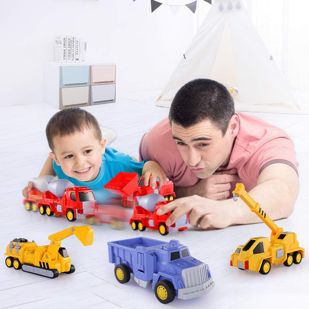 SNAEN 5-in-1 Construction Vehicles Transform into Robot Action Figures, Assemble into Giant Pull-Back Truck, for Kids, Boys & Girls: Toys & Games