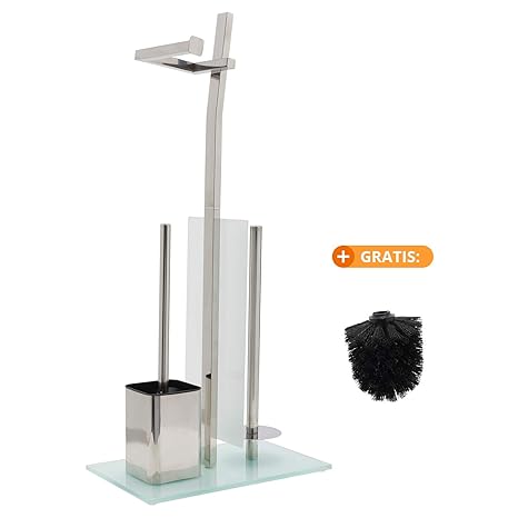 smartpeas WC-Garnitur mit Rollenhalter – Toilettenpapierhalter aus verchromtem Edelstahl – Fuß aus Glas – Maße: 32 x 20 x 70 