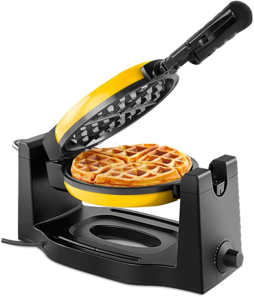 Waffle Maker, Round Muffin Machine Classic Rotating Fully Automatic Double Sided Non-Stick Baking Plates Easy to Clean-Yellow 35x17x17cm(14x7x7inch)