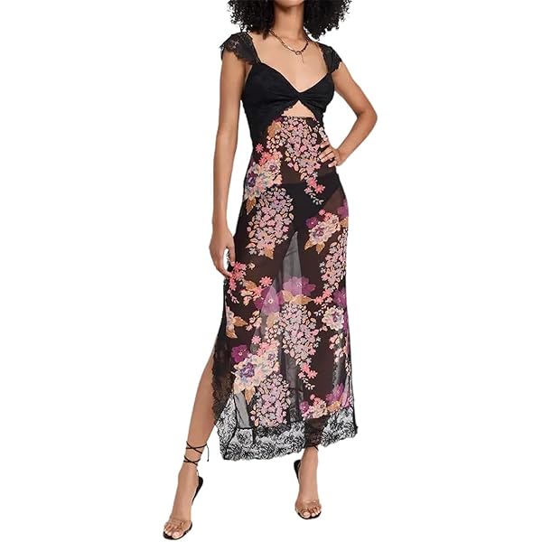 Women Sexy Lace Patchwork Mesh Dress Floral Print Cutout