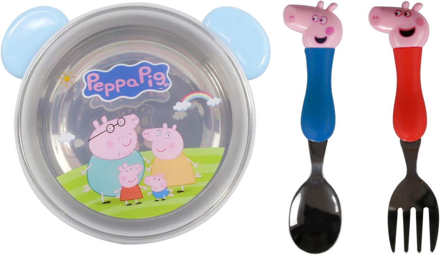 QiMing Pink Easy Grip Tableware Fork Spoon Bowl Set,Stainless Steel Tool for Children