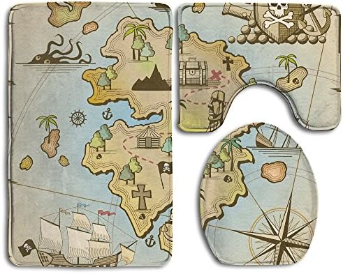 HanSmallT Pirate Treasure Island Map White Non Slip 3 Piece Bath Mat Pedestal Rug + Lid Toilet Cover + Bath Mat Customized Artwork Print