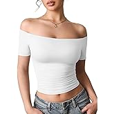 YEOREO Sophie Women Off Shoulder Crop Top Summer Short Sleeve T-Shirts Y2K Double Lined Fit Basic Tee Going Out Cute Tops