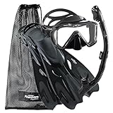Phantom Aquatics Legendary Mask Fin Snorkel Set with Mesh Bag, All Black, Medium/Large