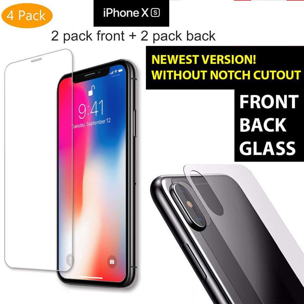 4 Pack iPhone XS Screen Protector, iPhone XS Front Back Tempered Glass Screen Protector [Bubble-Free][9H Hardness][Anti-Scratch][Anti-Bubble] HD Clear Front Back Screen Protector