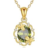 SHINYKEND 925 Sterling Silver Oval Cut Cubic Zirconia Necklace for Women, Natural Diamond 11×9mm Olive Green CZ Leaf Pendant Necklace, August Birthstone Jewelry Gift Anniversary Birthday for Wife Girlfriend 18 "+2 "