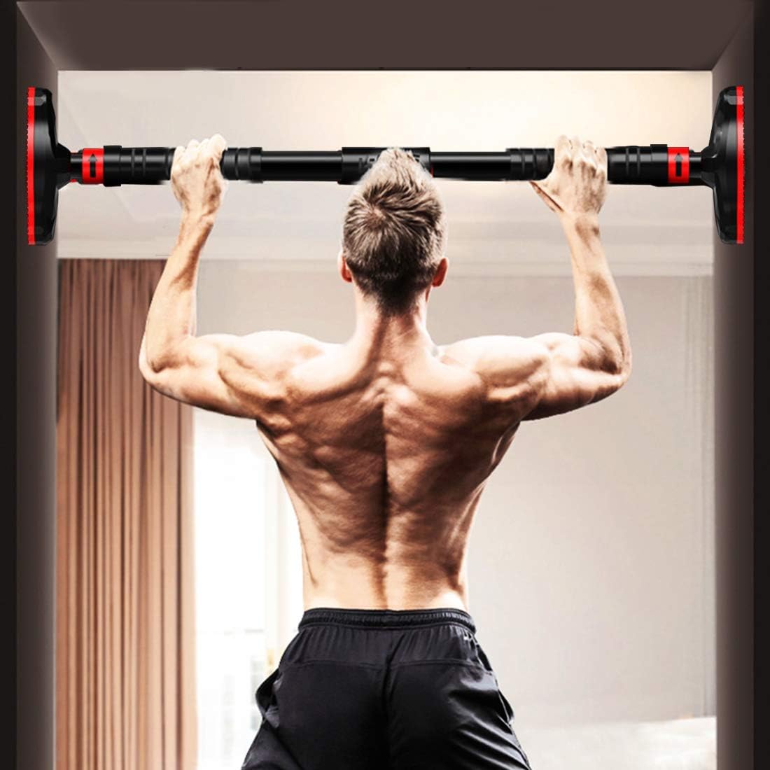 IVYSHION Doorway Pull Up Bar no Screws, Adjustable to Doors with a Width of 70-90 cm/with Larged Anti-Slip Mat and Safety Lock/made of sturdy steel, Max User Weight up to 440 lbs OT160