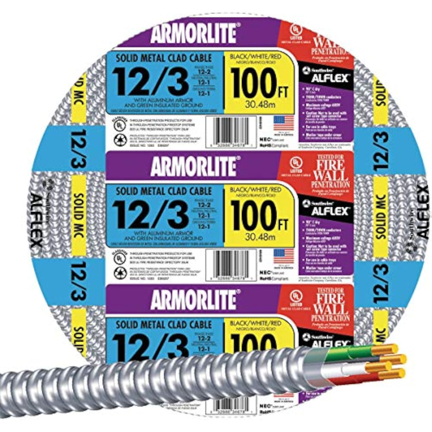Southwire 68583423 100-Foot 12-Gauge 3-Conductor Type MC Cable