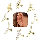 FIBO STEEL 8 PCS 16G Cartilage Earrings Helix Piercing Jewelry for Women Stainless Steel Opal CZ Conch Daith Tragus Piercing Jewelry Flower Snake Leaf Screw Back Stud Earrings Set