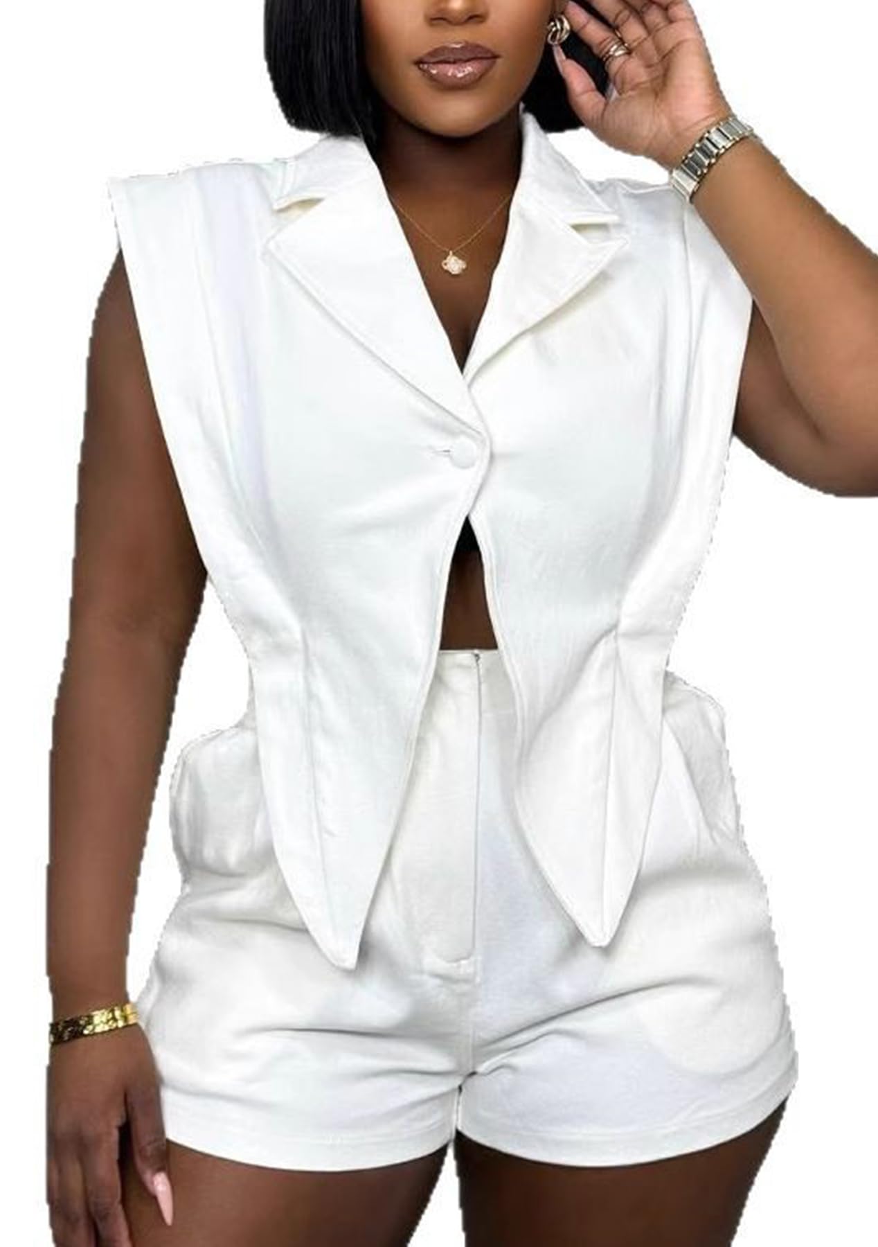 Photo 1 of (BAGGED) (USED/FAIR) Symina Women's Jumpsuits Sleeveless Casual V Neck Shorts Romper One Piece Outfits Short Jumpsuits Clubwear