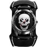 JewelryWe Men's Steampunk Leather Watches - Analog Quartz Gothic Skull Wide Cuff Watch Adjustable Genuine Leather Strap Wristwatch for Father's Day