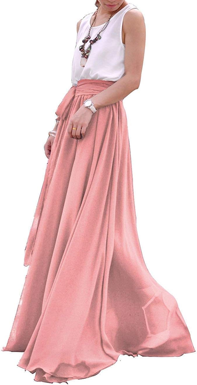 Beatiful Bow Tie Summer Beach Chiffon High Waist Maxi Skirt (Blush, XXL)