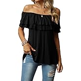 KEEDONE Women's Casual Off Shoulder Ruffle Tops Short Sleeve T Shirts Loose Summer Blouses Shirt