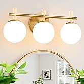 3-Light Bathroom Light Fixtures, Brushed Gold Vanity Lights for Bathroom with Milky White Glass Ball Shade, 18.9 inch Bathroo