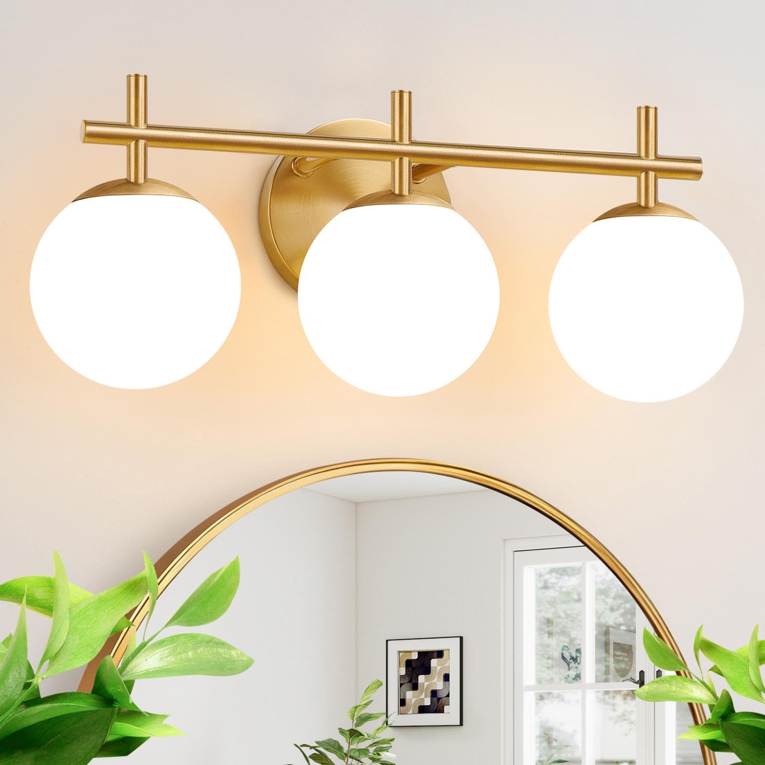 Photo 1 of 3-Light Bathroom Light Fixtures, Brushed Gold Vanity Lights for Bathroom with Milky White Glass Ball Shade, 18.9 inch Bathroom Lighting Fixtures Over Mirror, Wall Sconce for Bedroom(Bulb Not Included)