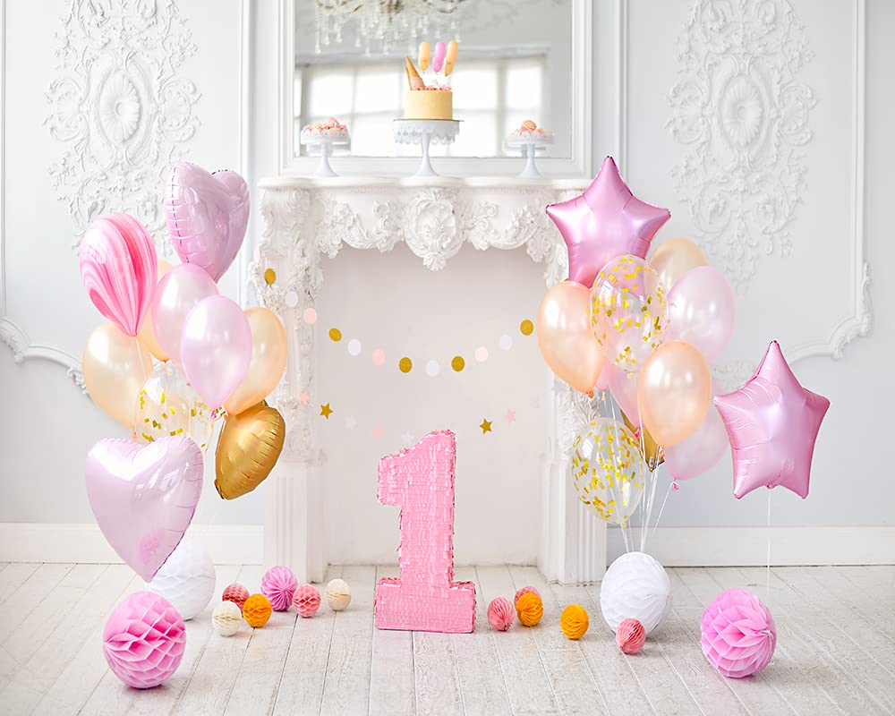 Haosphoto 7X5FT Girls Birthday Cake Smash Backdrop for Photography Girls 1st Birthday Backdrops Balloons Paper Flowers Background for Newborn Baby Shower Kids Birthday Party Photo Studio Props HS232
