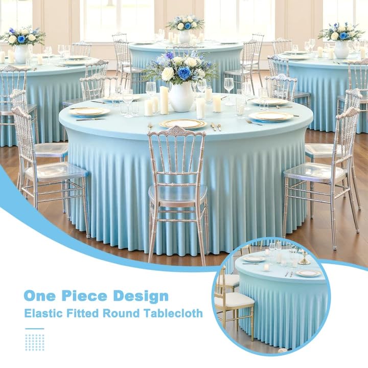4 Pack 120 Inch Sky Blue Cloth Tablecloth for 5 FT Round Tables, Stretchy Fitted Circle Picnic Tables Cloths, Spandex Table Cover with Table Skirt for Wedding Photography Party Events Kids’ Birthday