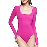 PUMIEY Women's Square Neck Long Sleeve Bodysuit Sexy Body Suit Tops Smoke Cloud Collection