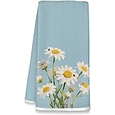 NEFMGEG White Daisy Floral Kitchen Dish Towels, Daisy Lover Gift Decorative Hand Towels for Bathroom Kitchen, 16x24 Inch