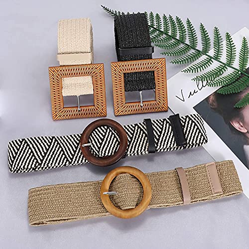 Set of 4 Straw Woven Elastic Stretch Waist Belts for Women, Fashion Boho Ladies Braided Rattan Dress Belt