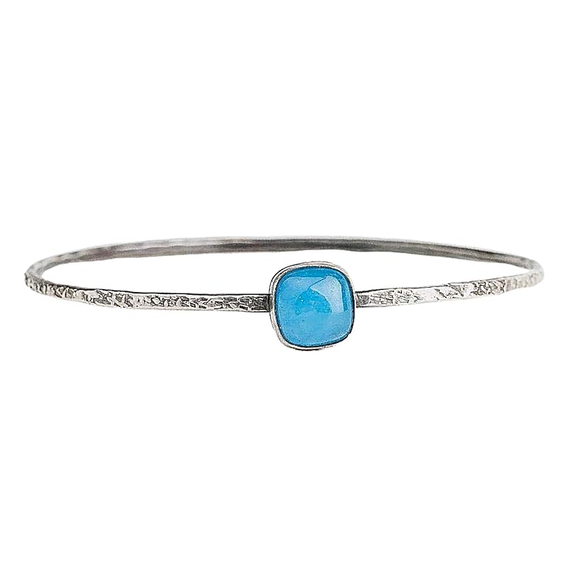 Blue Jade Gemstone Bangle Bracelet in Sterling Silver Handmade