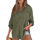 Women’s Waffle Knit Tops Loose Long Sleeve Tops Button Up Henley Shirts V Neck Solid Color Casual Tunic Pullover Tops