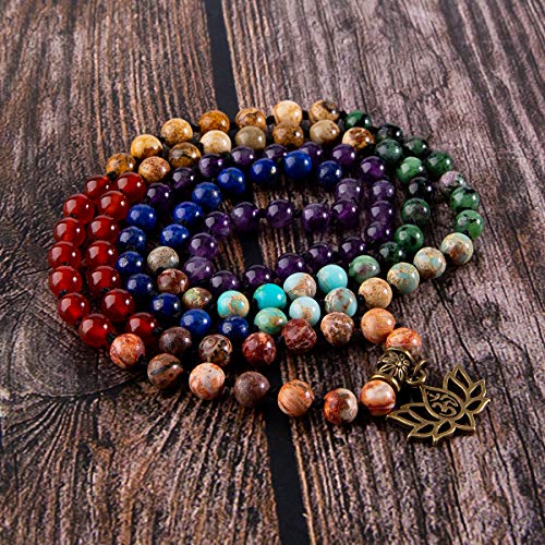 Bivei 7 Chakra 108 Mala Beads Bracelet Real Healing Gemstone Yoga Meditation Hand Knotted Mala Prayer Bead Necklace(Lotus OM) - Thumbnail 5