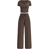 PRETTYGARDEN Womens 2 Piece Outfits Summer 2026 Ribbed Knit Button Short Sleeve Tops Casual Wide Leg Pants Lounge Sets