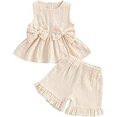 Toddler Girl Summer Outfits Solid Linen Outfit Two Bows Front Ruffle Tank Tops Shirts Shorts Cute Baby Girl Clothes
