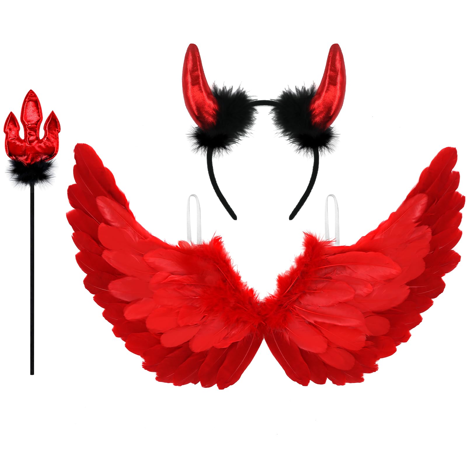 Newthinking Angel Wings and Horns for Adults Kids, Red Feather Wings Halloween Angel Devil Costume Cosplay for Women Girls, 65x35cm