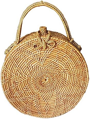 Rattan Nation - Handwoven Round Hand Carry Rattan Bag (Flower Weave Ribbon Closure)