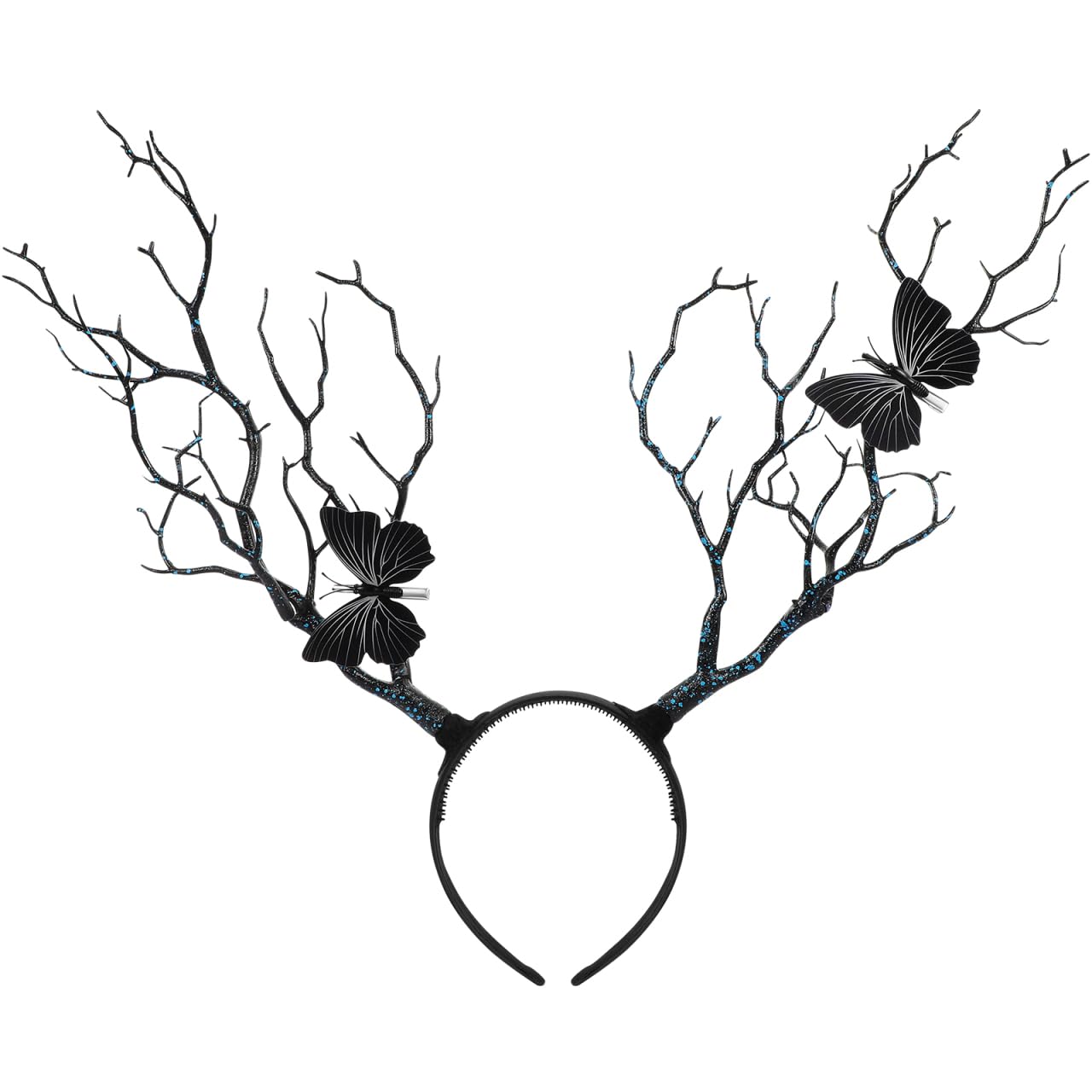 minkissy Antler Headband Tree Branches Headdress with Butterflies Halloween Deer Horn Cosplay Costume Hair Accessory for Women Halloween Christmas Black