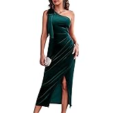 Wenrine Women's One Shoulder Velvet Dresses Slim Fitted Slit Faux Wrap Sexy Bodycon Evening Dress
