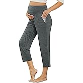 LOKTENPIE Maternity Lounge Pants Capri Pregnancy Shorts Over The Belly Stretch Pregnancy Cropped Pants with Pockets(Dusty Gray,L)