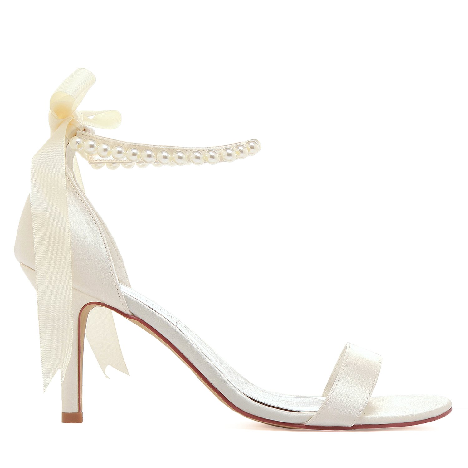 ELEGANTPARK Women Ankle Strap Shoes Open Toe Pearls Satin Bridal Wedding Sandals - Image 4