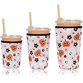 Reusable Insulated Neoprene Iced Coffee Cup Sleeve, Durable Drink Sleeve for Cold Beverages, Beverage Holder for Iced Coffee, Hello Pumpkin